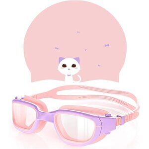 Kids‎ Swim Goggles with Silicone Swim Cap Swimming Goggles Cap Set for Girls